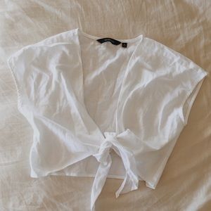 Linen blend tie front wrap top